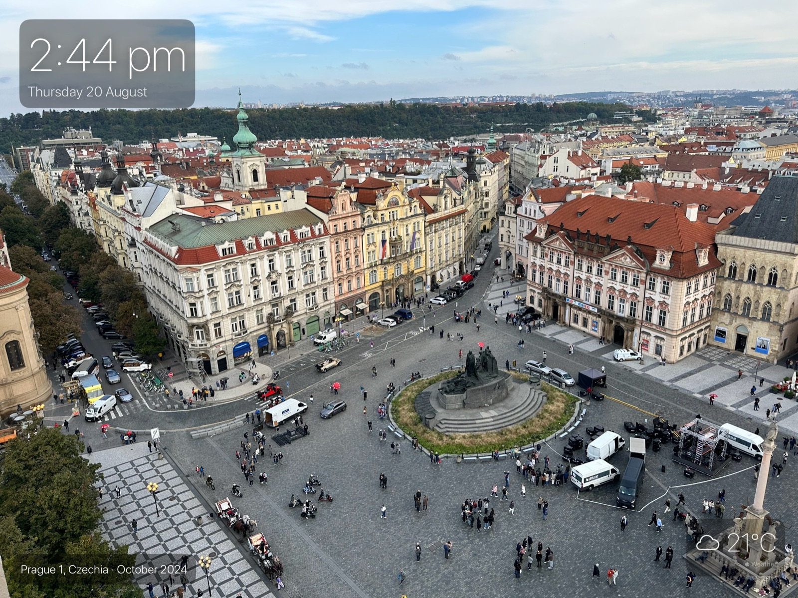 An aerial photograph of Old Town Square in Prague filling the iPad screen.